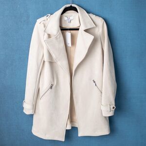 Magaschoni Women Small Faux Suede Trench Coat Light Stone Cream NEW